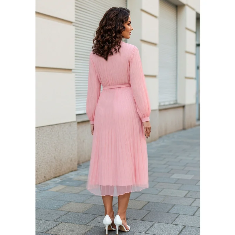 Splash FAV Pleated Midi Dress with Collar and Tie-Up Belt