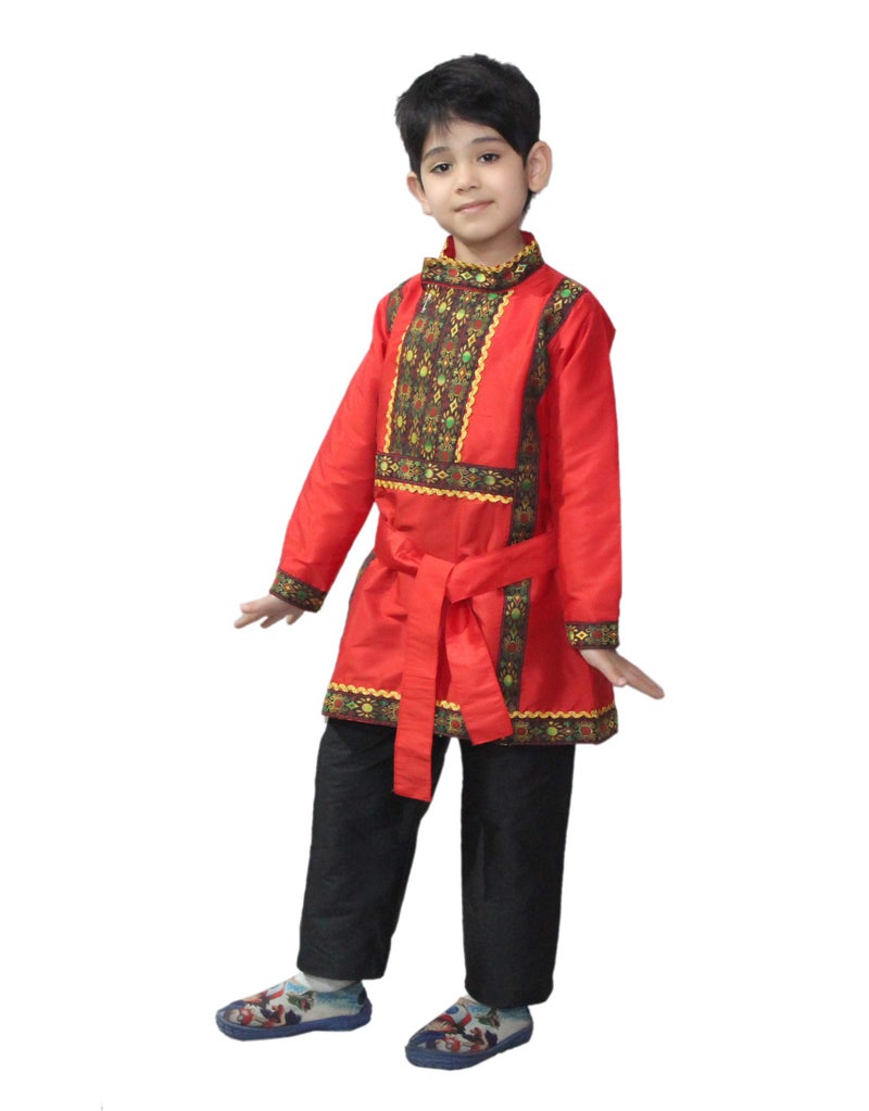 Kaku Fancy Dresses Silk Russian Boy Costume International Wear Costume - Red, 5-6 Year, For Boys - Image 3