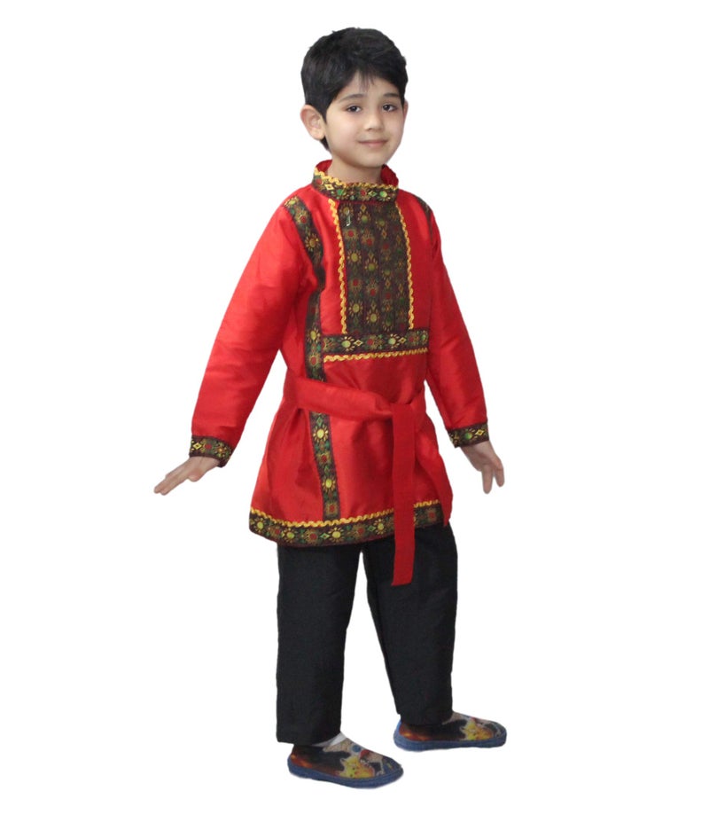Kaku Fancy Dresses Silk Russian Boy Costume International Wear Costume - Red, 5-6 Year, For Boys - Image 2
