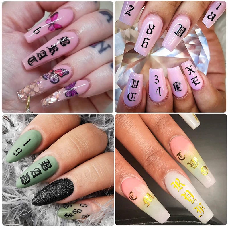 FUMIHIT Letter Nail Art Stickers Number Nail Decals Nail Art Supplies Old English Alphabet Nail Sticker Designs Holographic English Font Letters Stickers for Acrylic Nails Decorations (8 Sheets) - Image 2