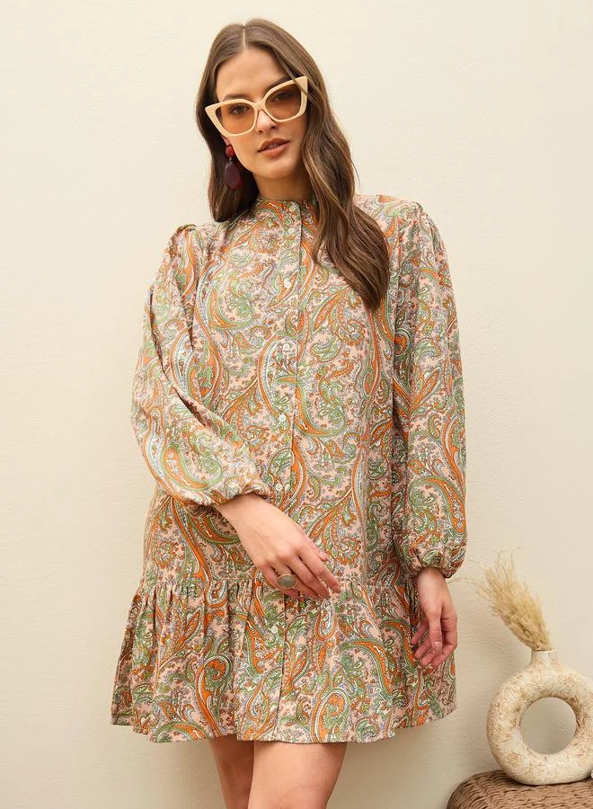 SASSAFRAS Sassafras Peach Paisley Print Shirt Mini Dress