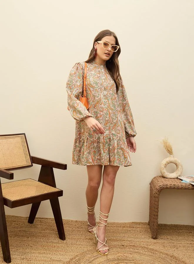 SASSAFRAS Sassafras Peach Paisley Print Shirt Mini Dress