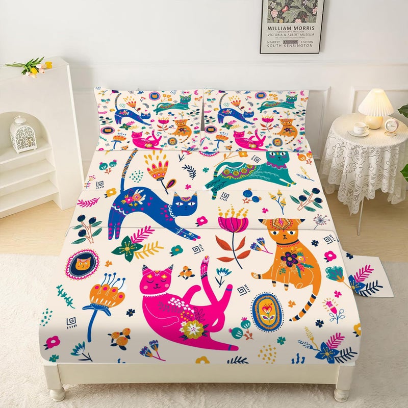 EDGZKO Cat Sheet Set Twin Cute Cats Bed Sheets Twin Size for Girls Kids Teens Toddler Kawaii Cartoon Floral Print 3 Piece Bedding Sets 1 Fitted Sheet 1 Flat Sheet 1 Pillowcase