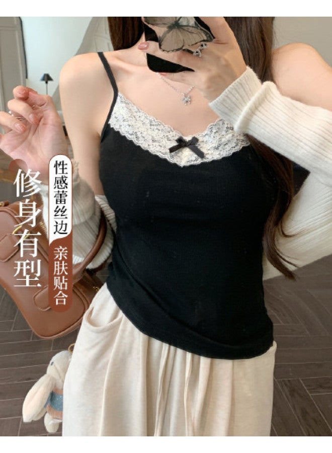 Modal Lace-Up Bow Tie Spaghetti Strap Camisole Top, Sweet And Spicy Style Slim-Fit Layering Women'S Tank Top - Image 1