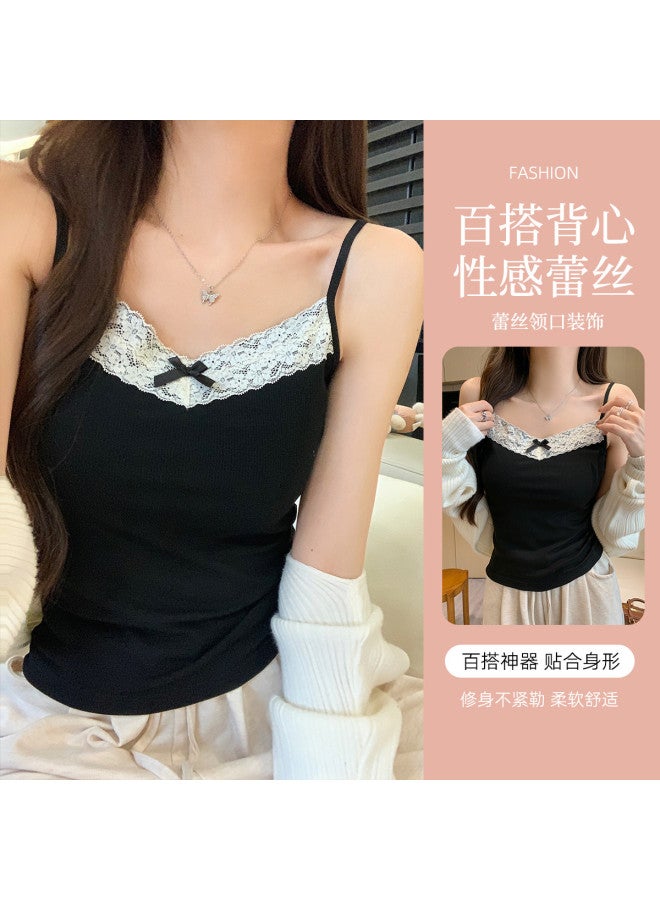 Modal Lace-Up Bow Tie Spaghetti Strap Camisole Top, Sweet And Spicy Style Slim-Fit Layering Women'S Tank Top - Image 3