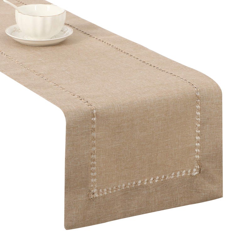 Tosewever Decorative Hemstitch Linen Table Runner Farmhouse Style Tabletop Collection Handcrafted Table Runners for Everyday Dining Wedding Party Holiday Home Decor 14 x 72 Inches Light Coffee