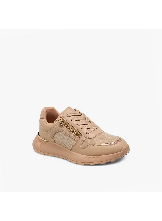 Flora Bella By Shoexpress Women's Glitter Panelled Sneakers with Lace-Up Closure
