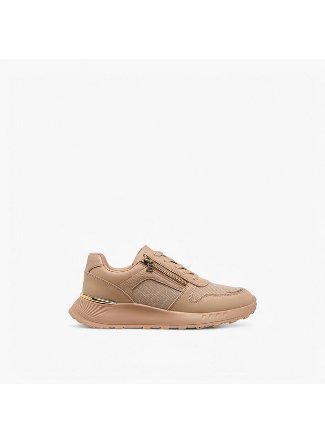 Flora Bella By Shoexpress Women's Glitter Panelled Sneakers with Lace-Up Closure  - Image 3