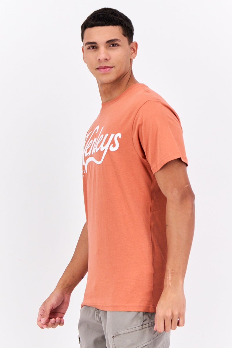 Henleys Men Crew Neck Short Sleeves Brand Logo T-Shirt, Coral - Image 2