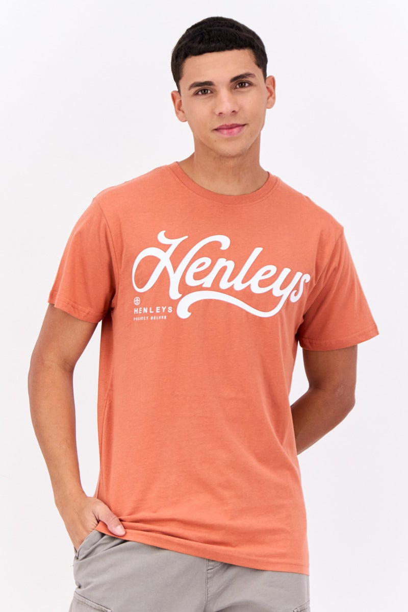 Henleys Men Crew Neck Short Sleeves Brand Logo T-Shirt, Coral - Image 1