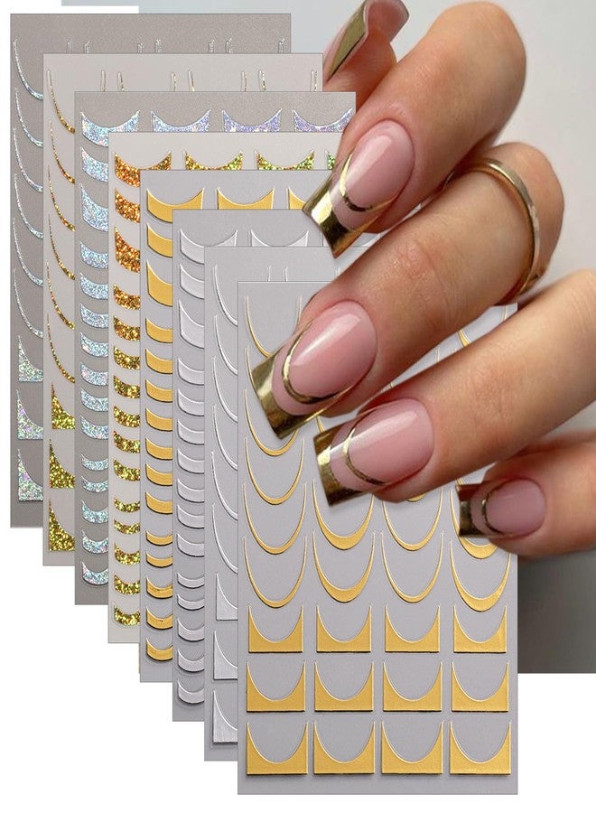 LRKNNO 8 Sheets French Tip Nail Art Stickers Decals 3D Self-Adhesive Gold Silver French Lines Nail Decals Glitter Curve Lines Design Nails Art Supplies for Women DIY Manicure Decorations - Image 1
