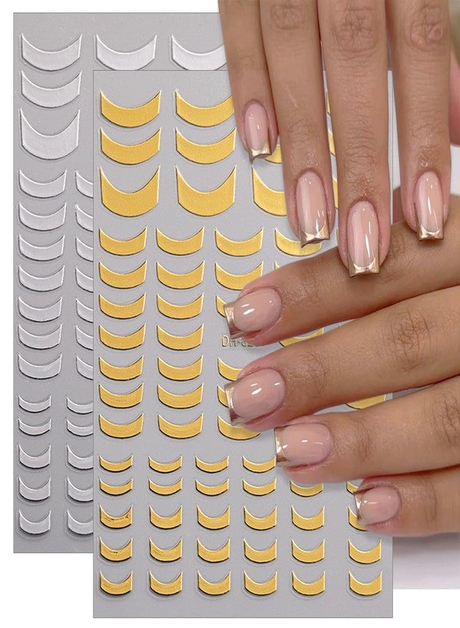 LRKNNO 8 Sheets French Tip Nail Art Stickers Decals 3D Self-Adhesive Gold Silver French Lines Nail Decals Glitter Curve Lines Design Nails Art Supplies for Women DIY Manicure Decorations - Image 4
