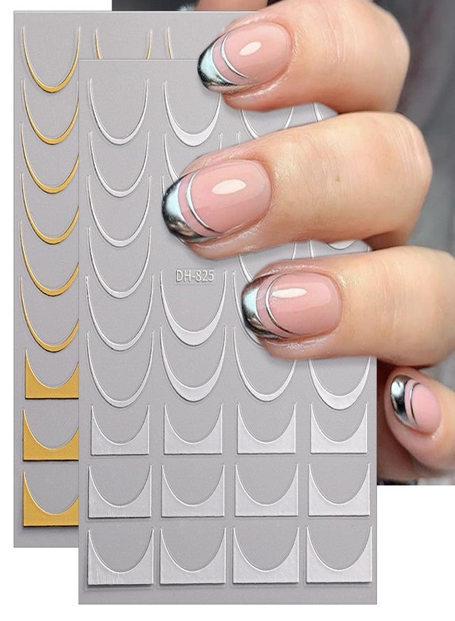LRKNNO 8 Sheets French Tip Nail Art Stickers Decals 3D Self-Adhesive Gold Silver French Lines Nail Decals Glitter Curve Lines Design Nails Art Supplies for Women DIY Manicure Decorations - Image 2
