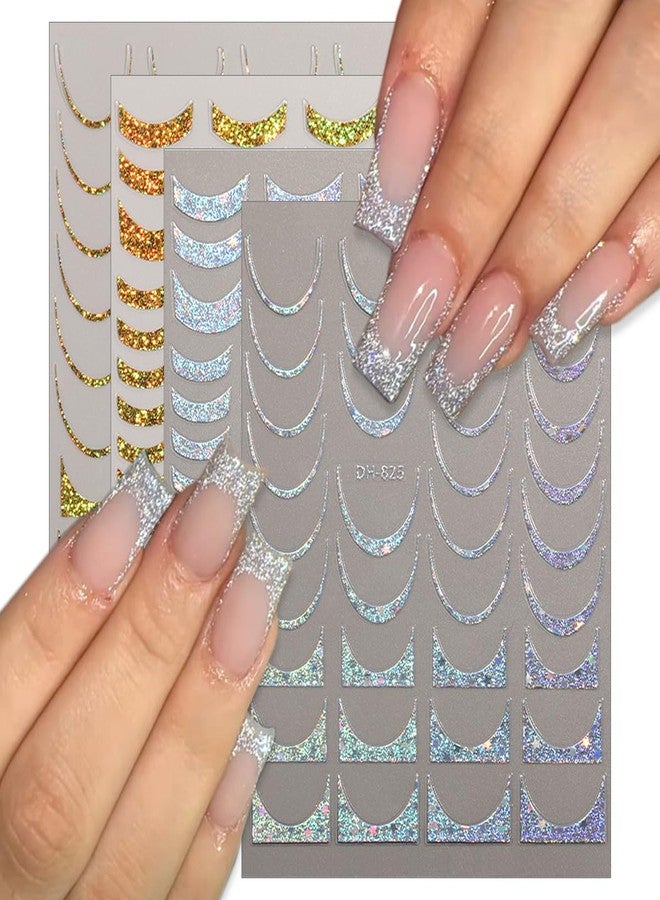 LRKNNO 8 Sheets French Tip Nail Art Stickers Decals 3D Self-Adhesive Gold Silver French Lines Nail Decals Glitter Curve Lines Design Nails Art Supplies for Women DIY Manicure Decorations - Image 5