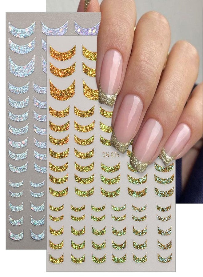 LRKNNO 8 Sheets French Tip Nail Art Stickers Decals 3D Self-Adhesive Gold Silver French Lines Nail Decals Glitter Curve Lines Design Nails Art Supplies for Women DIY Manicure Decorations - Image 3