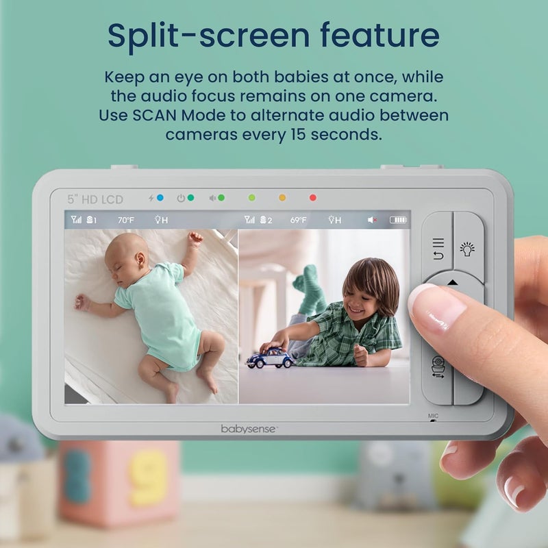 Babysense 5 HD SplitScreen Baby Monitor Video Baby Monitor with 2 Cameras and Audio Night Light 1000ft Range TwoWay Audio 4X Zoom Night Vision 4000mAh Battery - Image 2