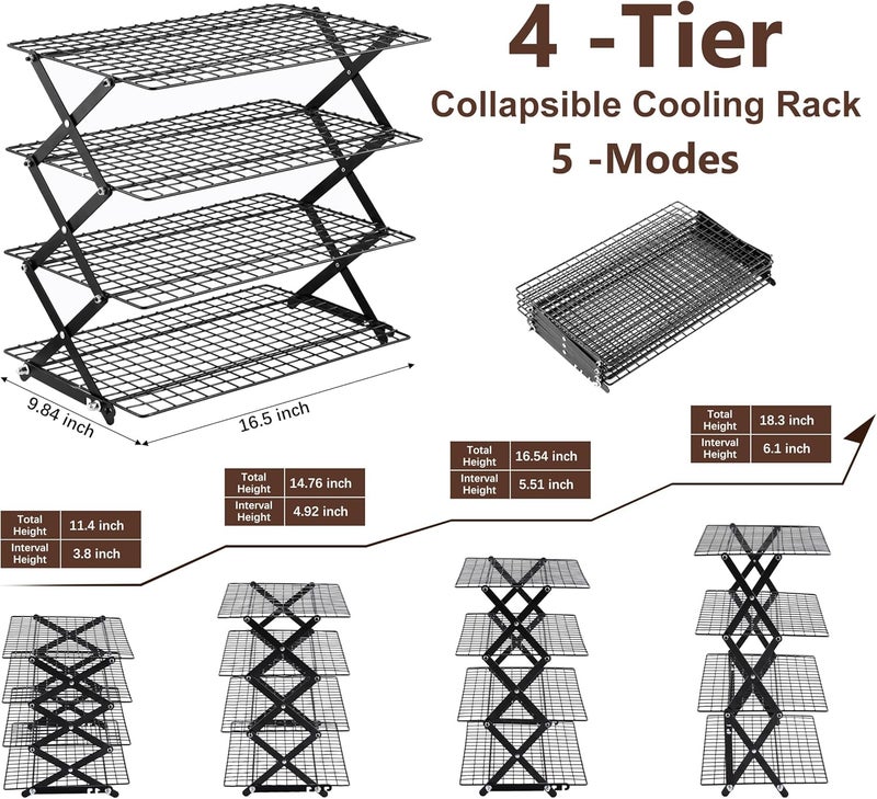 Pleafind 4 Tier Collapsible Cooling Rack - 3 Setting Design, Adjustable ＆ Stackable Baking Rack, 5 Modes Cooling Racks for Cooking and Baking, Roasting ＆ Grilling Gifts for Picnic Party - Image 2