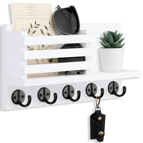 Lwenki Key Holder for Wall – Decorative Wooden Mail Holder and Key Shelf with Mounting Hardware, Installation Guide – Paulownia Wood with Metal Key Hooks (White, Large - 11.8inch) - Image 1