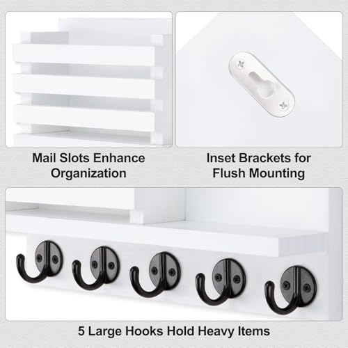 Lwenki Key Holder for Wall – Decorative Wooden Mail Holder and Key Shelf with Mounting Hardware, Installation Guide – Paulownia Wood with Metal Key Hooks (White, Large - 11.8inch) - Image 3