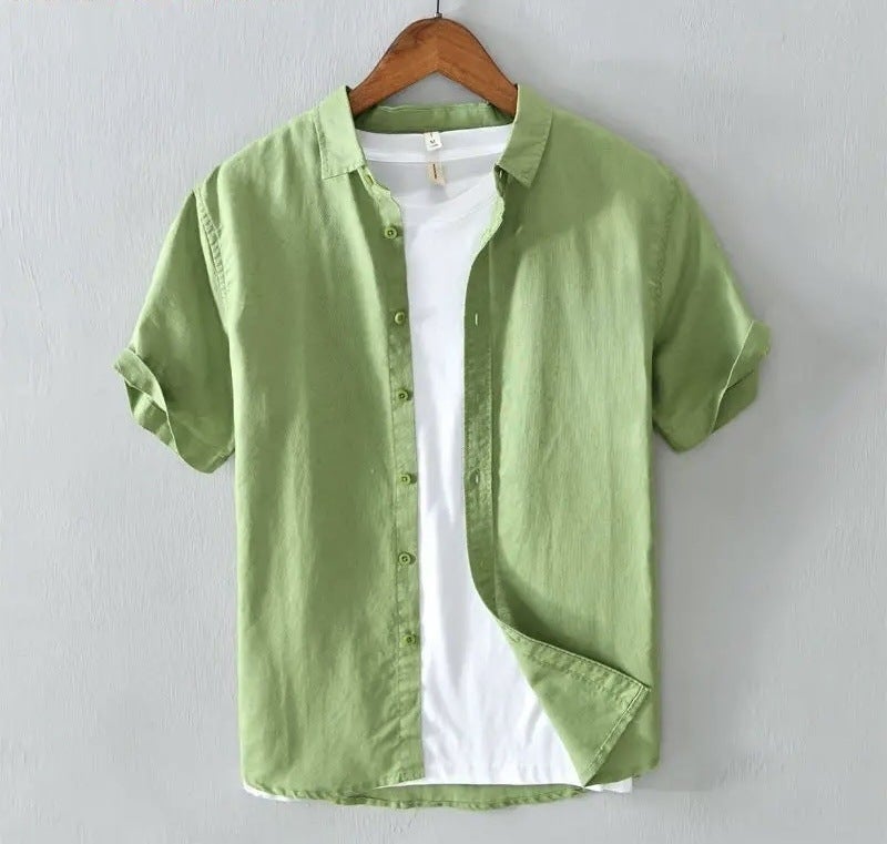 Summer Linen Shirt Mens Short Sleeve Thin Loose Linen Material Casual Cotton Linen Shirt Loose Fit Fashionable Urban Style emerald green  - Image 1