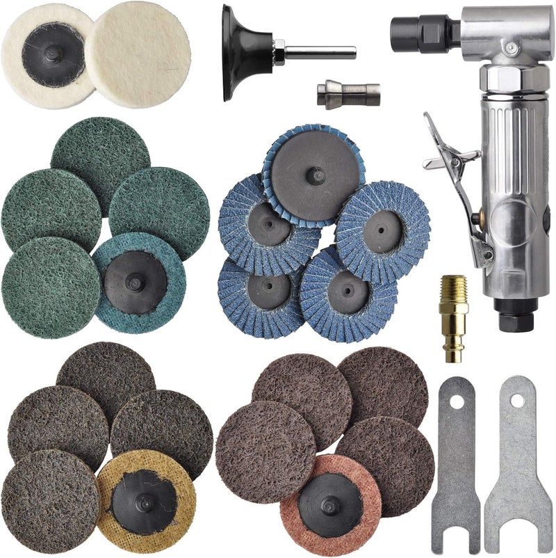 TOOLPEAK 1/4 inch angle air die grinder with 22 pcs 2-inch roll lock sanding discs, polished color angle pneumatic die grinder, air die grinder kit - Image 1