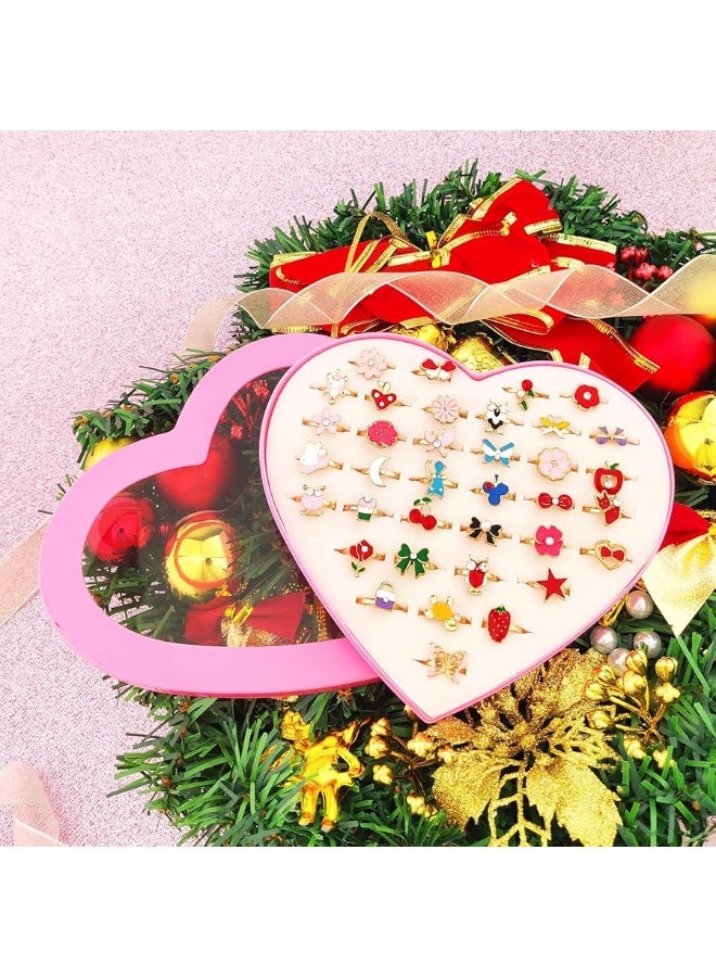SUNMALL 36 pcs Adjustable Rings in Box, No Duplication, Children Kids Little Girl Pretend Play and Dress up Jewelry Set with Heart Shape Display Case, (A) - Image 3