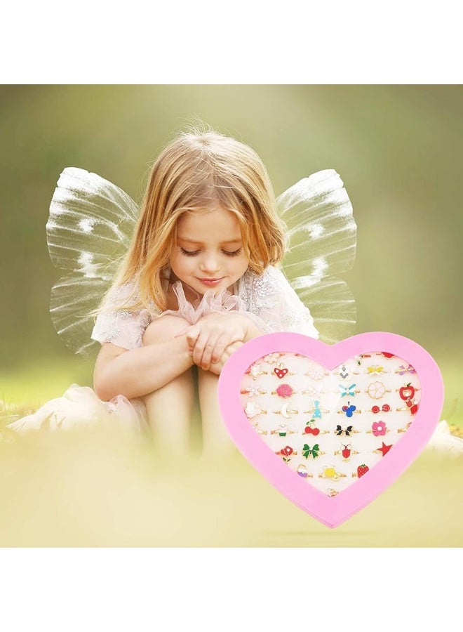 SUNMALL 36 pcs Adjustable Rings in Box, No Duplication, Children Kids Little Girl Pretend Play and Dress up Jewelry Set with Heart Shape Display Case, (A) - Image 1