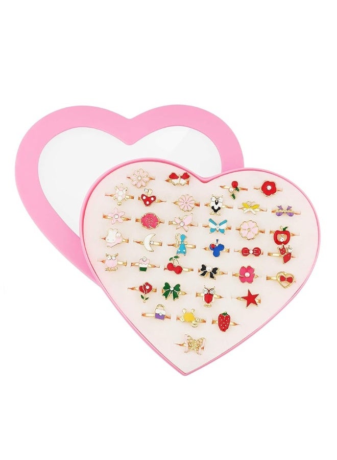 SUNMALL 36 pcs Adjustable Rings in Box, No Duplication, Children Kids Little Girl Pretend Play and Dress up Jewelry Set with Heart Shape Display Case, (A) - Image 5