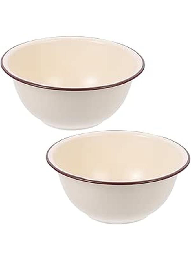 Vintage Enamel Mixing Bowl Set 2 Piece 22cm Deep Ivory White Kitchen Storage Serving Bowls - Image 1