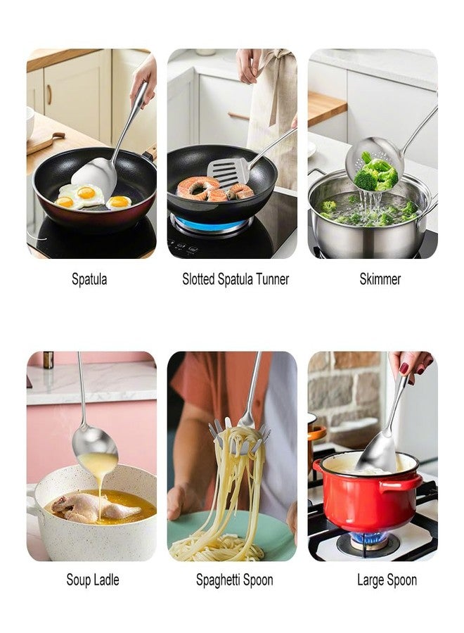 VALESKA 304 Stainless Steel Kitchen Utensils Set, 11PCS Metal Cooking Tools, Masher, Fork, Solid Spoon, Slotted Spoon, Spatula, Whisk, Skimmer, Slotted Spatula Tunner, Soup Ladle, Spaghetti Spoon, Large Ladle - Image 3