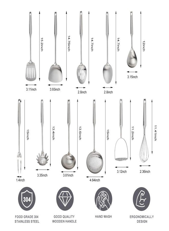 VALESKA 304 Stainless Steel Kitchen Utensils Set, 11PCS Metal Cooking Tools, Masher, Fork, Solid Spoon, Slotted Spoon, Spatula, Whisk, Skimmer, Slotted Spatula Tunner, Soup Ladle, Spaghetti Spoon, Large Ladle - Image 2