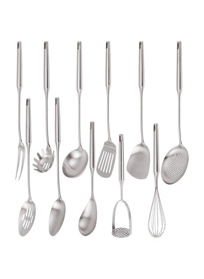 VALESKA 304 Stainless Steel Kitchen Utensils Set, 11PCS Metal Cooking Tools, Masher, Fork, Solid Spoon, Slotted Spoon, Spatula, Whisk, Skimmer, Slotted Spatula Tunner, Soup Ladle, Spaghetti Spoon, Large Ladle - Image 1