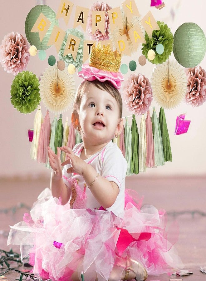 زينة عيد ميلاد باللونين الأخضر الزيتوني والوردي، زينة عيد ميلاد باللون الأخضر المريمي والوردي الباهت، كرات بوم بوم باللون الوردي الباهت، زينة حفلات عيد ميلاد بوهيمية باللون الأخضر المريمي مع إكليل شرابات باللونين الأخضر والوردي للنساء والفتيات - Image 2