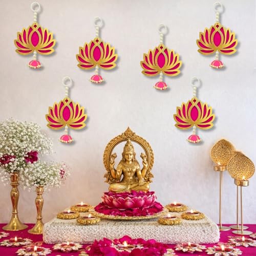 DRYPHON 6Pcs Lotus Hanging Decoration Items, Lotus Flower Wall Hangings for Home Decor, Pooja Backdrop Decoration Items for Ganpati/Diwali Decor/Navratri/Puja Mandir Decorations (Lotus D1, 6pc) - Image 1