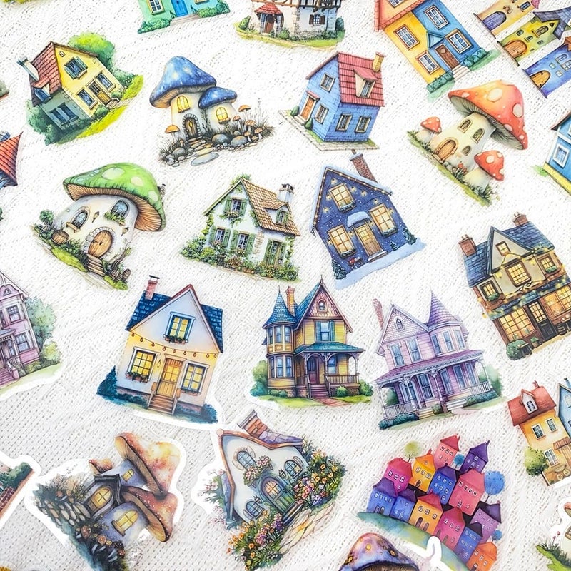 PIGBIT 50PCS Fairy Tale Cottage Stickers â€“ Waterproof Clear Stickers of Whimsical Fantasy Houses, Mushroom Homes & Vintage Storybook Buildings for Scrapbooking, Journaling, Art Crafts,Water Bottle, Laptop - Image 3