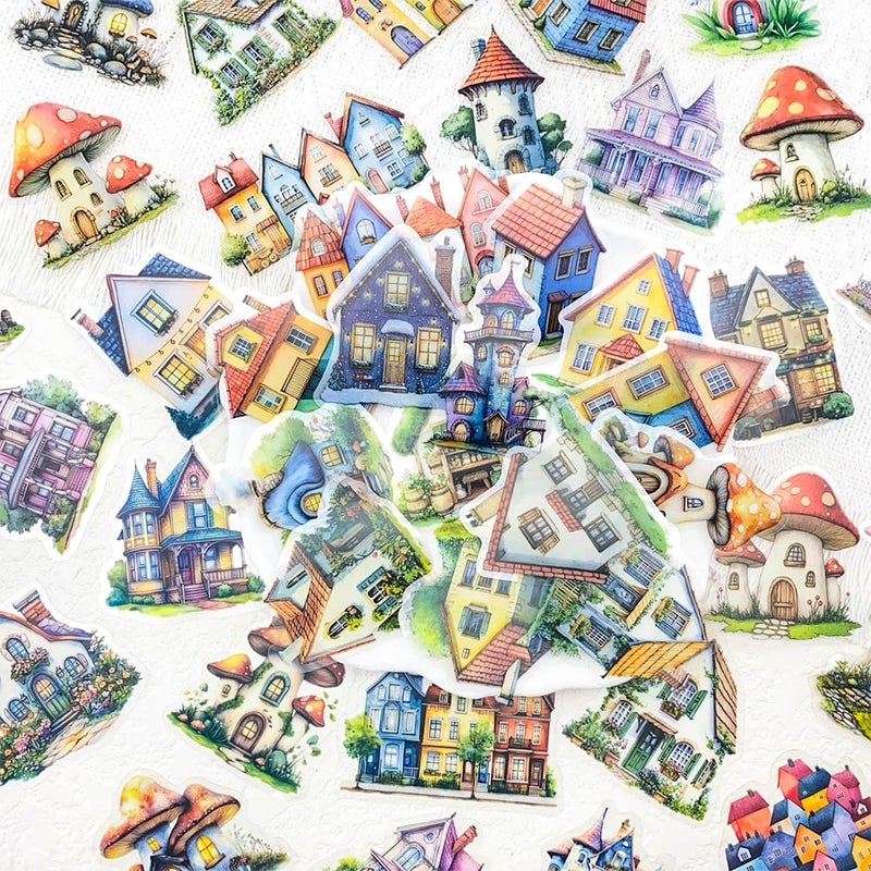 PIGBIT 50PCS Fairy Tale Cottage Stickers â€“ Waterproof Clear Stickers of Whimsical Fantasy Houses, Mushroom Homes & Vintage Storybook Buildings for Scrapbooking, Journaling, Art Crafts,Water Bottle, Laptop - Image 2