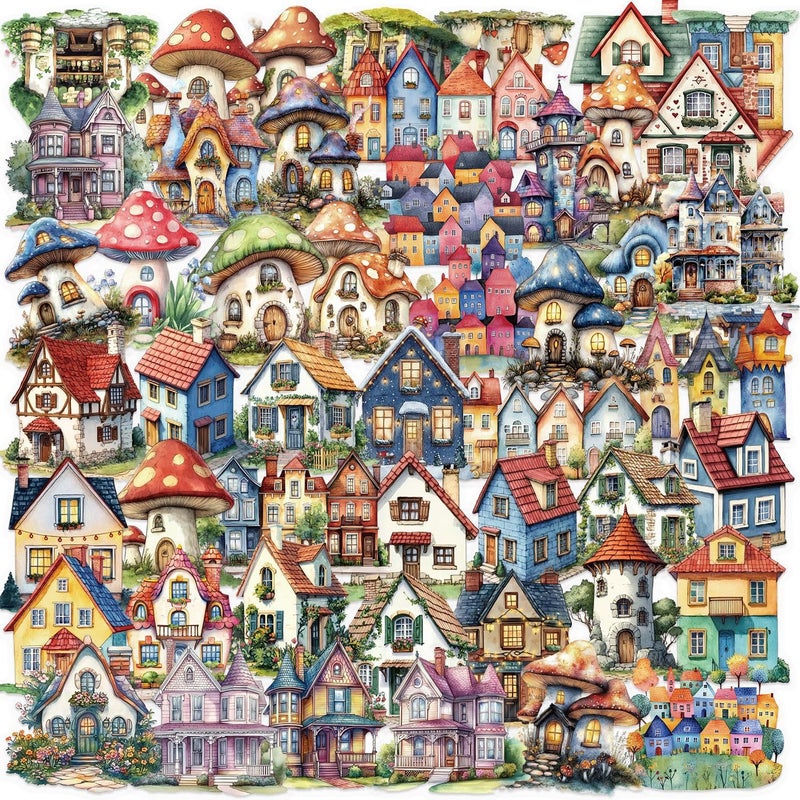 PIGBIT 50PCS Fairy Tale Cottage Stickers â€“ Waterproof Clear Stickers of Whimsical Fantasy Houses, Mushroom Homes & Vintage Storybook Buildings for Scrapbooking, Journaling, Art Crafts,Water Bottle, Laptop - Image 1