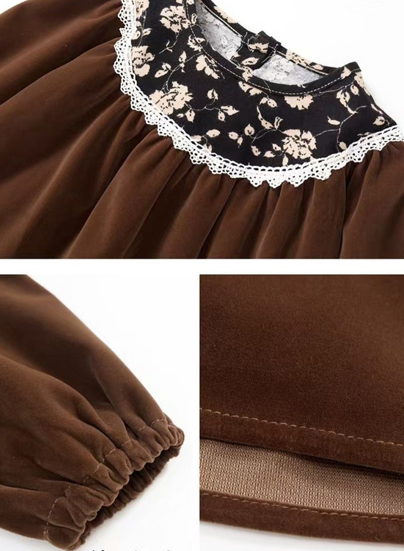 WiNi BEE Girls Velvet Dress, Long Sleeve Floral Princess Gown, Fall One-Piece Outfit - Image 4