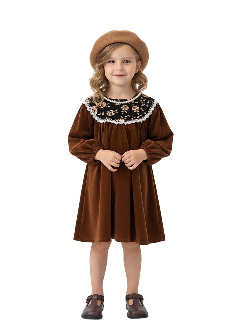 WiNi BEE Girls Velvet Dress, Long Sleeve Floral Princess Gown, Fall One-Piece Outfit - Image 1