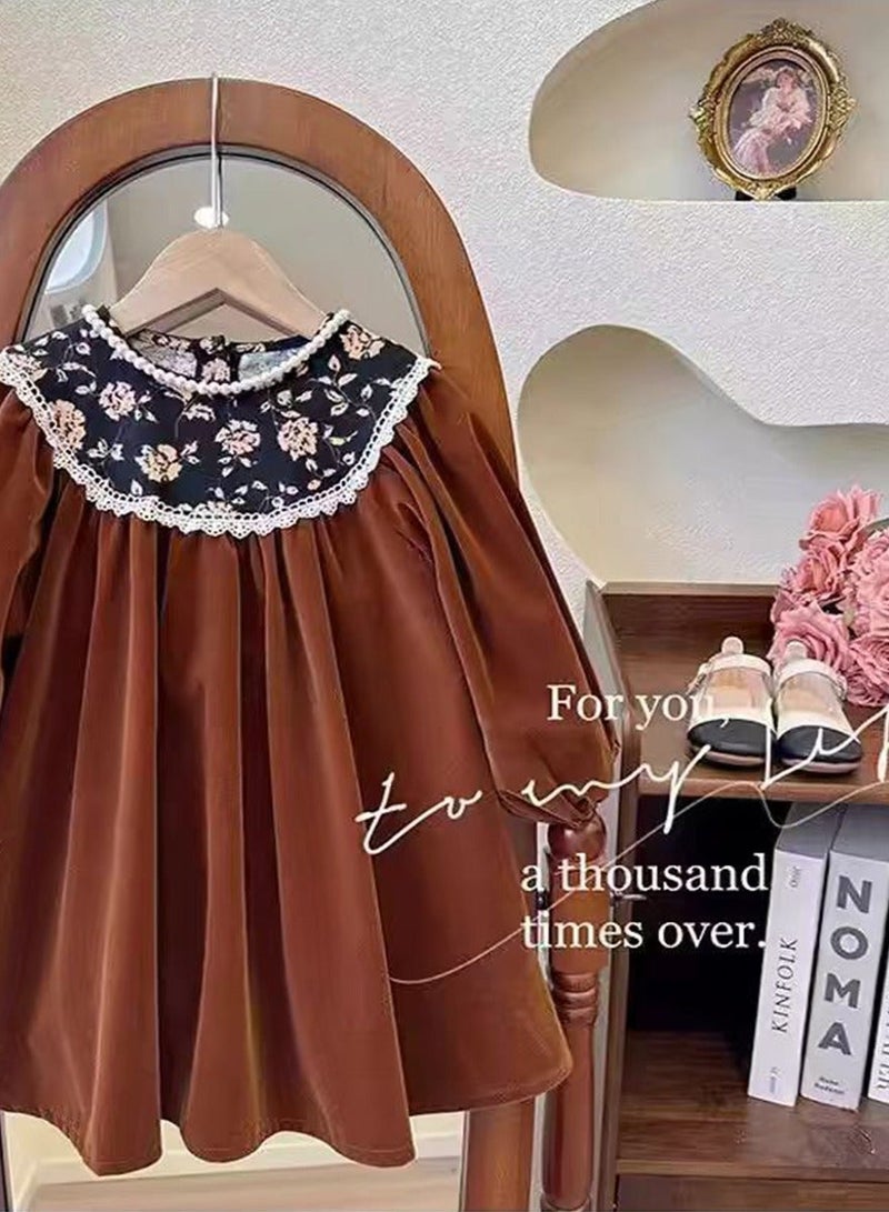 WiNi BEE Girls Velvet Dress, Long Sleeve Floral Princess Gown, Fall One-Piece Outfit - Image 3