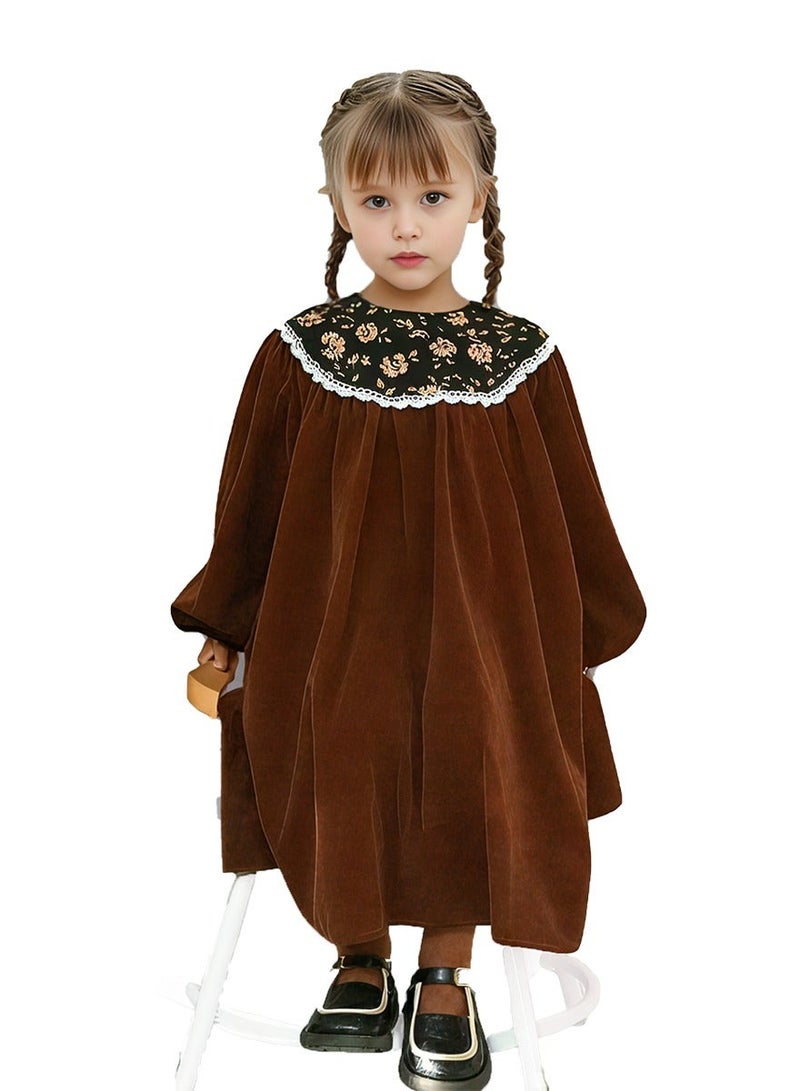WiNi BEE Girls Velvet Dress, Long Sleeve Floral Princess Gown, Fall One-Piece Outfit - Image 2