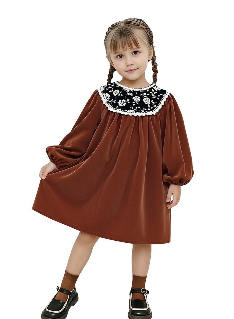 ويني بي فستان مخملي للبنات، فستان أميرة زهري بأكمام طويلة، زي الخريف من قطعة واحدة - Image 1