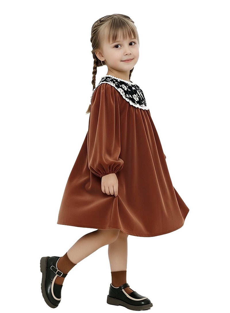 ويني بي فستان مخملي للبنات، فستان أميرة زهري بأكمام طويلة، زي الخريف من قطعة واحدة - Image 2