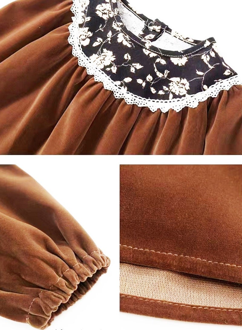 ويني بي فستان مخملي للبنات، فستان أميرة زهري بأكمام طويلة، زي الخريف من قطعة واحدة - Image 5