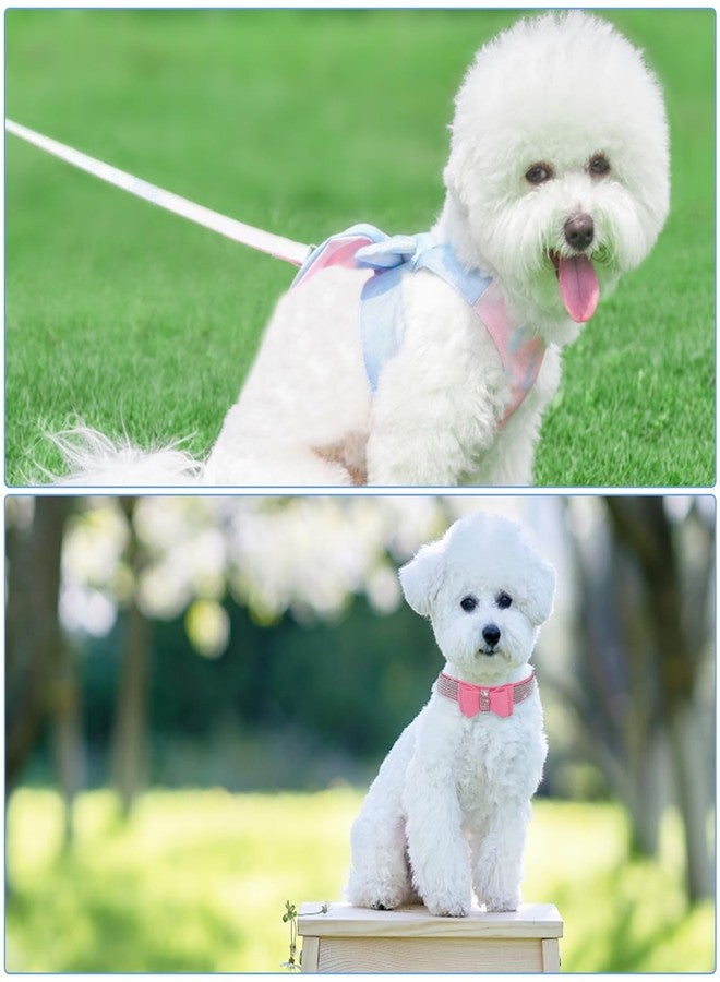 كولودوغو طقم طوق ومقود للكلاب مزين بفيونكة وردية لطيفة، طوق كلاب بألوان قوس قزح متدرجة مانعة للشد مع سلسلة طوق مرصعة بالألماس اللامع، سترات شبكية مسامية للحيوانات الأليفة من الكلاب والقطط - Image 2