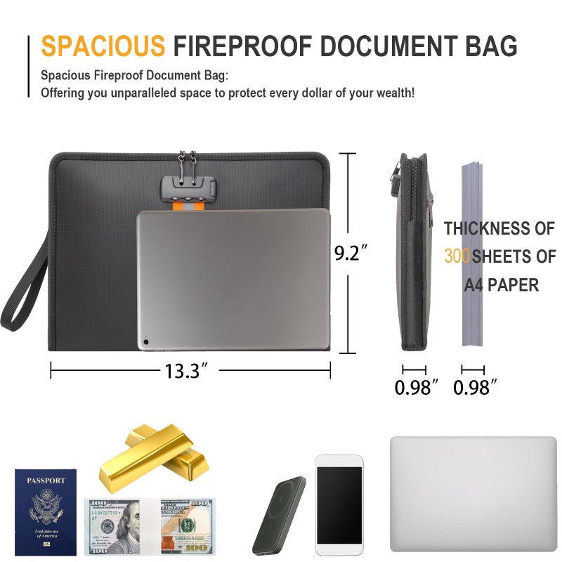 XIAODUN Fireproof Document Bag with Lockï¼Œ13"Ã—9.2" Fireproof Money Bagï¼Œwith Zipper and Lockï¼ŒSuitable for Tablets, A4 Documents, Cash, Mobile Phones, Credit Cards and Notarized Documents. - Image 3