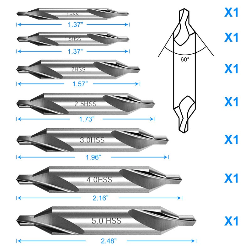 DKIBBITH 7 Pieces Center Drill Bits Set, M2 High Speed Steel 60-Degree Angle Center Drill Bits Kit Countersink Tools for Lathe Metalworking Size 1.0 1.5 2.0 2.5 3.0 4.0 5.0 - Image 2