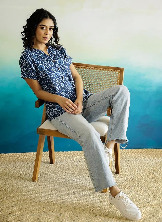 sanskrutihomes sanskrutihomes All-Over Floral Print Notch Neck Cotton  Top  - Image 2