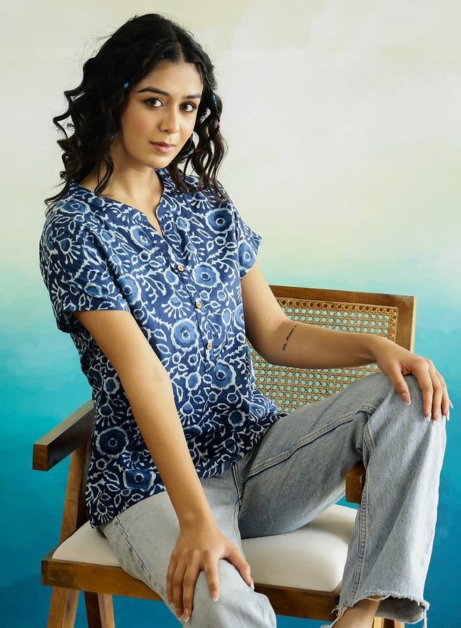 sanskrutihomes sanskrutihomes All-Over Floral Print Notch Neck Cotton  Top  - Image 3