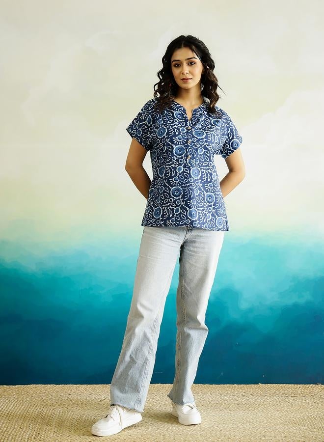 sanskrutihomes sanskrutihomes All-Over Floral Print Notch Neck Cotton  Top  - Image 5